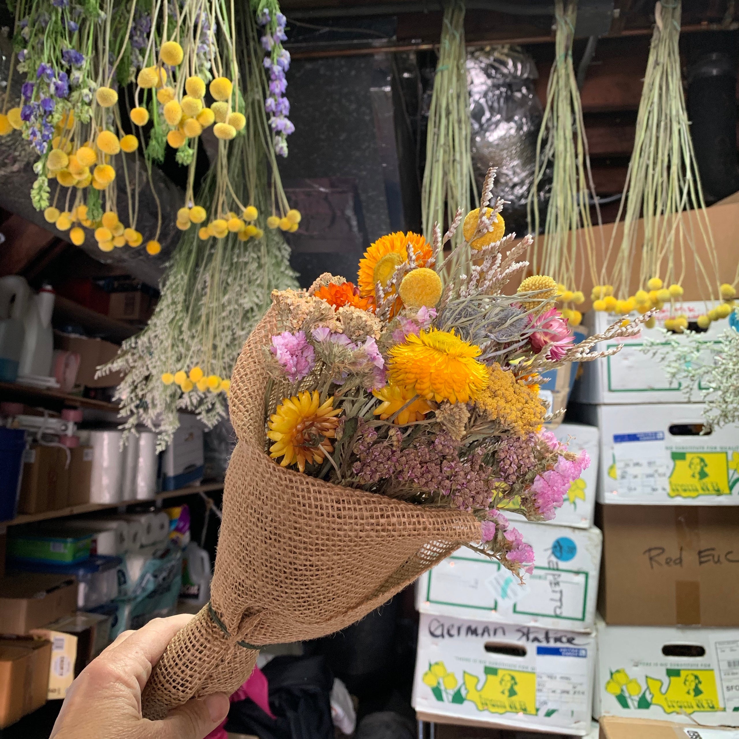 Petit Dried Flower Bouquet In Burlap